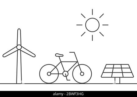Windturbine, Fahrrad, Solarpanel, Sonne, Liniensymbole. Alternative Energie und nachhaltiges Lifestyle-Konzept. Umweltfreundlicher Transport. Schwarze Umrandung auf Weiß Stock Vektor