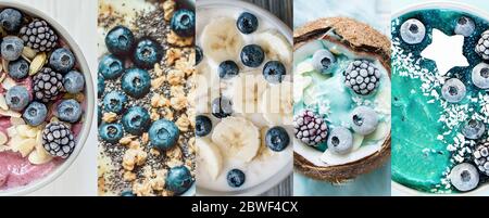 Collage aus verschiedenen Bildern von glätternden Schalen. Gesundes Frühstück Beeren Smoothie Schüssel mit Heidelbeeren Brombeeren, Kürbiskerne und Mandel gekrönt Stockfoto