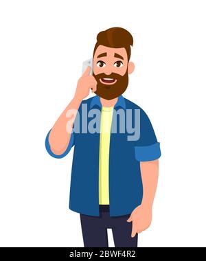 Junger Mann spricht/spricht auf dem Smartphone. Mobiltelefon-Konzept. Vektor Illustration Cartoon Stil. Stock Vektor