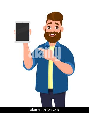 Mann zeigt digitalen Tablet-Computer und zeigt auf das. Abbildung des Tablet-PC-Konzepts. Vektor-Illustration im Cartoon-Stil. Stock Vektor