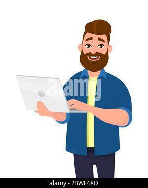 Erfolgreicher junger Mann hält / mit Laptop-Computer (PC). Laptop Computer Technologie Konzept in Vektor-Illustration Stil. Stock Vektor