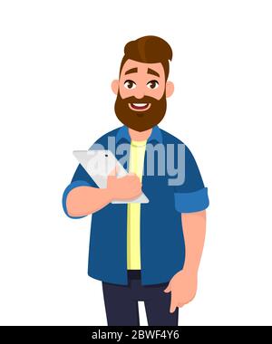 Mann mit digitalem Tablet-Computer. Abbildung des Tablet-PC-Konzepts. Vektor-Illustration im Cartoon-Stil. Stock Vektor