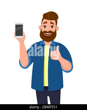 Happy Young man zeigt Smartphone und zeigt Daumen hoch oder wie Zeichen. Technologiekonzept für Mobiltelefone. Vektor-Illustration im Cartoon-Stil. Stock Vektor