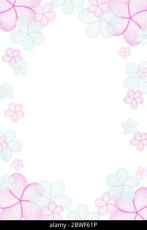 Rosa und blaue Blumenrahmen, niedliche Aquarell-Illustration mit pastellfarbenen Jasminblumen, festliche botanische Rahmen Stockfoto