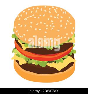 Vector realistische Doppel Hamburger Classic Burger American Cheeseburger mit Salat Tomate Zwiebel Käse Rindfleisch und Sauce Nahaufnahme isoliert auf weiß Zurück Stock Vektor
