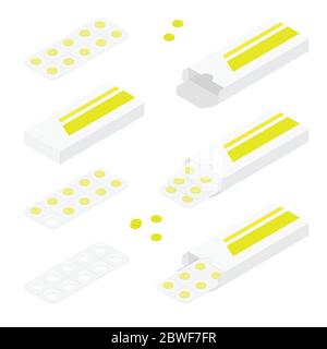 Verpackung für Medikamente: Schmerzmittel, Antibiotika, Vitamine und Aspirin-Tabletten. Satz von Blasen Symbole mit Pillen. Vektor-Illustrationen von Packung isoliert o Stock Vektor