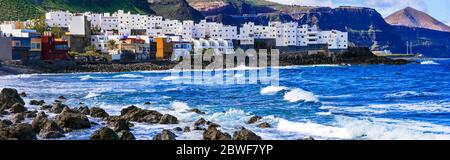 Kanarische Inseln reisen. Landschaftlich reizvolles Küstendorf El Roque en El Pagador de Moya auf Gran Canaria. (Grand Canary) . Stockfoto