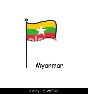 Handgezeichnet skizzenhafte Myanmar Flagge auf der Flagge Stange. Drei Farbe Flagge . Stock Vektor Illustration isoliert auf weißem Hintergrund. Stock Vektor