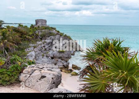 Alte Maya-Ruine mit dem türkisfarbenen Karibischen Meer Mexikos und Palmen im Hintergrund - Tulum, Mexiko (Reise- und Tourismus-Hotspot) Stockfoto