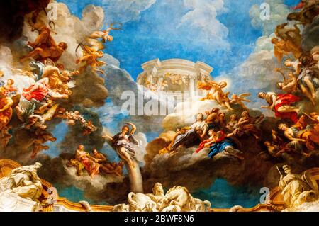 Mythologisches Gemälde im Herkules-Saal im Schloss Versailles in Paris von Francois Le Moyne. Stockfoto