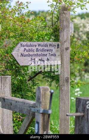 Ein Holzpfeil Richtungsschild für Wanderer, Radfahrer und Reiter in den Yorkshire Wolds. Stockfoto