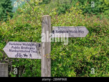 Ein Holzpfeil Richtungsschild für Wanderer, Radfahrer und Reiter in den Yorkshire Wolds. Stockfoto
