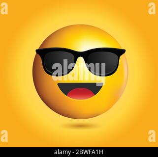 Hochwertiges Emoticon mit Sonnenbrille.Emoji Vektor. Cool lächelndes Gesicht mit Sonnenbrille Vektor-Illustration. Ein gelbes Gesicht mit Lächeln und Sonnenbrille. Stock Vektor