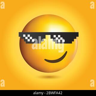 Hochwertiges Emoticon auf gelbem Hintergrund.Thug Life Emoticon.Brillen Emoji Gesicht, Pixel Kunst, Design.Emoticon mit Sonnenbrille. Stock Vektor