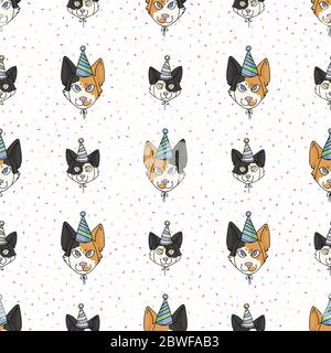 Nette Cartoon japanische Bobtail Katze und Kätzchen Gesicht mit Party Hut nahtlose Vektor-Muster. Pedigree Kitty Rasse häusliche Feier Hintergrund. Kat Stock Vektor