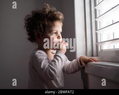Das zwei Jahre alte Kleinkind schaut aus dem Fenster Stockfoto