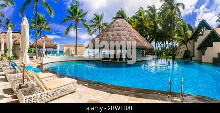 Luxus 5 Sterne Resort Gebiet mit Schwimmbad und Hotelzimmer - Constance Belle Mare Plage. Mauritius. Pointe de flacq, Belle Mare. Februar Stockfoto