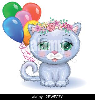 Cute Cartoon rosa Katze, ein Kätzchen auf einem Hintergrund von Blumen hält Bälle mit seinem Schwanz Stock Vektor