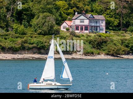 Currabinny, Cork, Irland. Juni 2020. Das Segelboot Clotilde fährt aus dem Hafen an einem Holzhaus vorbei, das ursprünglich für die Cork International Exhibition 1902 gebaut und schließlich in Curabinny, County Cork, Irland, wieder aufgebaut wurde. - Credit; David Creedon / Alamy Live News Stockfoto