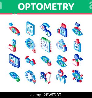 Optometrie Medizinische Hilfe Isometrische Symbole Set Vektor Stock Vektor