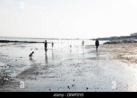 Fünf Personen Und Zwei Hunde Aus Dem Fokus Auf Worthing Beach, West Sussex Stockfoto