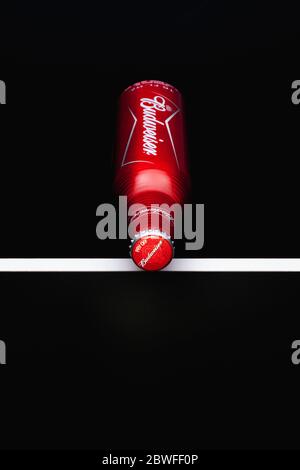 Prag, Tschechische Republik - 20. Mai 2020: Bierflasche der Marke Budweiser auf schwarzem Studiohintergrund. Budweiser Bier in einem amerikanischen Lager erstmals eingeführt in Stockfoto