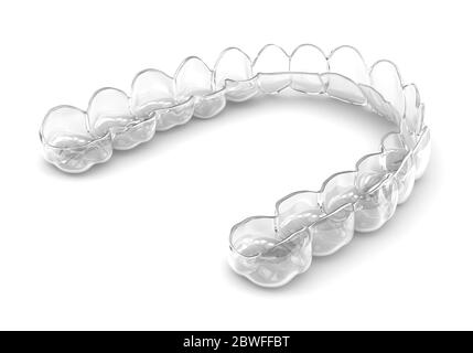 3d-Rendering von invisalign herausnehmbaren und unsichtbaren Vakuum geformten Halter auf weißem Hintergrund. Stockfoto