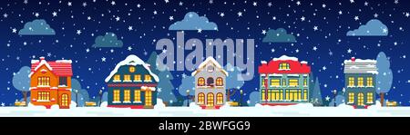 Winter Nacht Straße mit Haus, Schnee Baum, Busch Wolke, Laterne flache Cartoon-Karte. Frohe Weihnachten und ein gutes neues Jahr Urlaub Panorama horizontale Banner. Städtische Landschaft Dekorative Vektorgrafik Stock Vektor