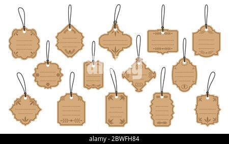 Retro Vintage Etiketten Handwerk Anhänger mit dekorativen Elementen gesetzt. Aufkleber Banner Vorlage mit Punkten für Text. Verschiedene Formen leer Rand Verkaufspreis. Design für Menüausweise. Isolierte Vektordarstellung Stock Vektor