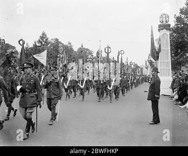 Der Große Siegeszug . Britische Infanterie Farben mit Lorbeer gekrönt, vorbei an der Mall. 19 Juli 1919 Stockfoto