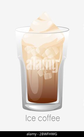 Eisglas für Kaffee. Brauner Cappuccino Latte Eiswürfel dicken Schaum. Stock Vektor