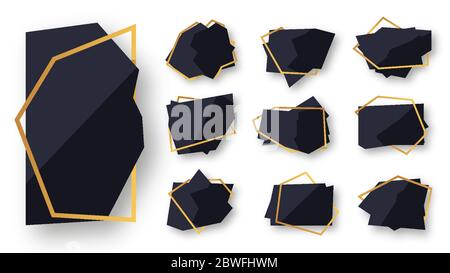 Abstraktes polygonales geometrisches schwarzes Banner mit goldener Linie Rahmen gesetzt. Leere Vorlage für jedes Design, Kartentext. Luxus dekoratives modernes Polyeder Rahmenelement. Isoliert auf weißen Vektor-Illustration Stock Vektor