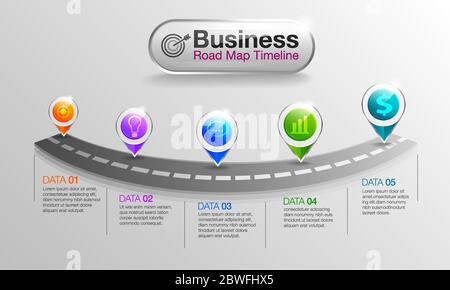 Infografik Business Roadmap Timeline 5 Optionen, Business Concept Infografik Vorlage kann für Workflow-Layout, Diagramm, Anzahl Optionen, Schritt U verwendet werden Stock Vektor