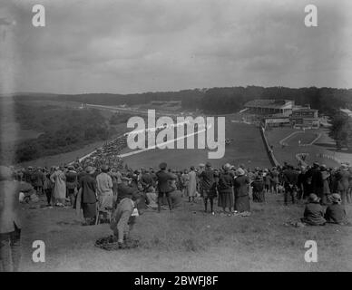 Die Goodwood Rennen . Eine auffallende allgemeine Ansicht der Rennbahn, Stände und Gehege, während der Zieleinlauf des Rennens. 29 Juli 1924 Stockfoto