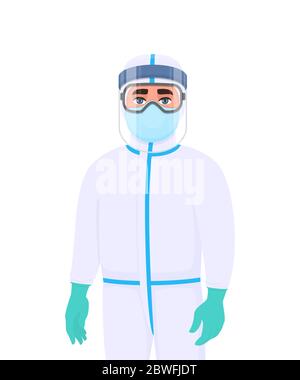 Arzt in Schutzanzug und Atemschutzmaske. Medizinisches Personal oder Chirurg, das PSA mit Gesichtsschutz und Latexhandschuhe trägt. Arztbedeckung mit Maske, Brille. Stock Vektor