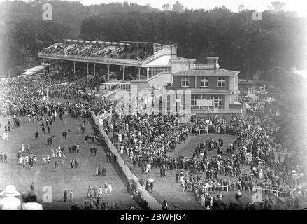 Goodwood-Rennen Blick auf die Szene, als die Pferde sich dem Siegerposten im Rennen um den Stewards-Pokal am 25. Juli 1922 näherten Stockfoto