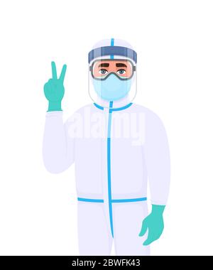 Doktor in Schutzanzug zeigt Sieg, Friedensgestenzeichen. Medizinisches Personal mit Gesichtsschutz, Handschuhen und gestikulierenden Händen. Abbildung des Arztes. Stock Vektor