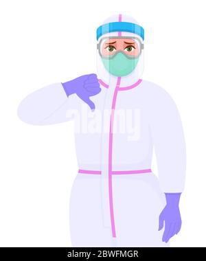 Unglückliche Ärztin in Sicherheitsschutzanzug, Brille und Maske mit Daumen nach unten Geste Zeichen. Symbol für abziehende Hand des Arztes. Corona Stock Vektor