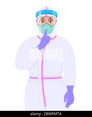 Ärztin im Sicherheitsschutzanzug, Maske und Gesichtsschutz mit Finger auf den Lippen. Handsymbol für den Arzt, der Ruhe bittet. Bleibt ruhig! Sh! Corona Stock Vektor