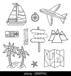 Touristen-Set. Doodle Satz von Reise-Vektor-Design. Meer oder Berg, Transport - Flugzeug und Schiff. Umriss, alle Elemente sind isoliert. Stock Vektor