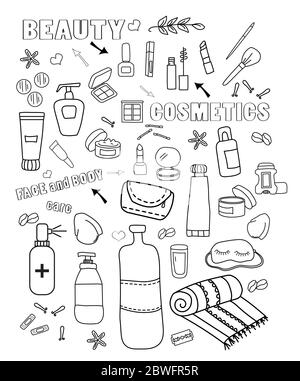Schöne Kosmetik Reise Doodle Set, tolles Design für jeden Zweck. Schöne abstrakte Vorlage mit bunten Kosmetik Reise Doodle auf rosa gesetzt Stock Vektor