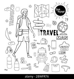Mann Tourist. Doodle Reisesachen für Männer. Bilderset Reisen und Urlaub - Gepäck, Dinge, Kleidung und Schuhe, Hygieneartikel und Dokumente. Alle Stock Vektor