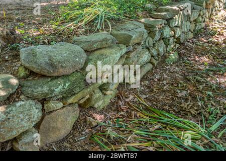 Winkel Ansicht eines trockenen gestapelten rustikalen Stein und Felswand mit Flechten und Moos wachsen auf der Oberfläche der Felsen eine Grenze, um die Pflanzen in einem ga zu halten Stockfoto