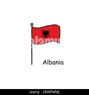 Handgezeichnet skizzenhafte Albanien Flagge auf der Flagge Stange. Stock Vektor Illustration isoliert auf weißem Hintergrund. Stock Vektor