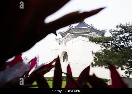 Atemberaubende Aussicht auf die National Chiang Kai-Shek Memorial Hall in der Ferne und verwackelte Pflanzen im Vordergrund. Taipeh, Taiwan. Stockfoto