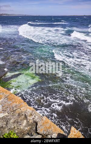 Wellen, die an einem windigen Tag in Castletown Bay mit kalkhaltigen Flechten im Vordergrund einströmen Stockfoto