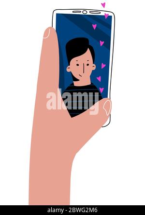 Videoanruf. Hand mit Smartphone. Mann auf dem Bildschirm. Vektor-Illustration flach Stil Stock Vektor