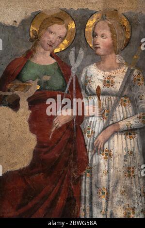 Zwei sizilianische Heilige zeigen Folterinstrumente, die von ihren römischen Verfolgern im Fresko der Spätgotik oder Frührenaissance verwendet wurden, Chiesa di San Francesco (Kirche des hl. Franziskus) in Lucignano, Toskana, Italien. St. Agatha oder Santa Agata (links) hält Scheren oder Zangen und St. Lucy oder Santa Lucia ein Schwert. Stockfoto
