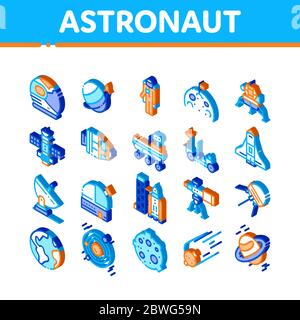 Astronautenausrüstung Isometrische Symbole Set Vector Stock Vektor