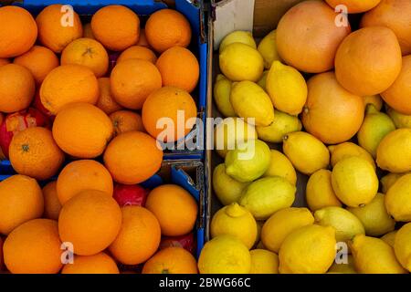 Orangen und Zitronen schließen in Kisten an einem Schaufenster in einem offenen Stadtmarkt 2021. Stockfoto